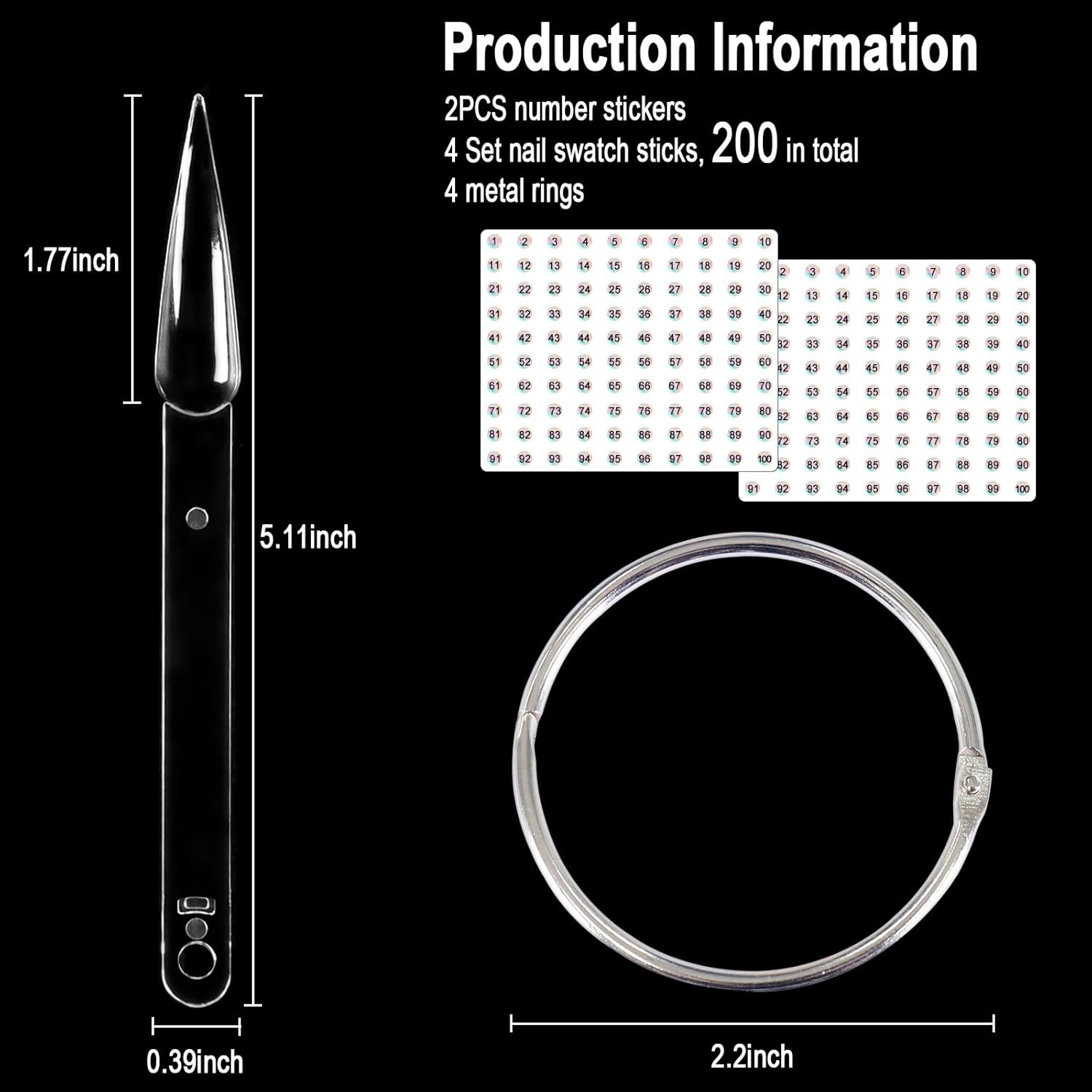 200 Pcs Clear & Natural Nail Swatch Sticks with Ring and Numbered Tips Pointed