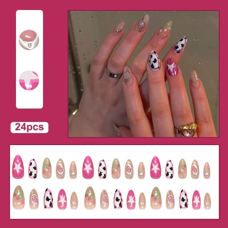 Almond Press on Nails Short Nude Fake Nail Cow Print with 3D Embossed Design …