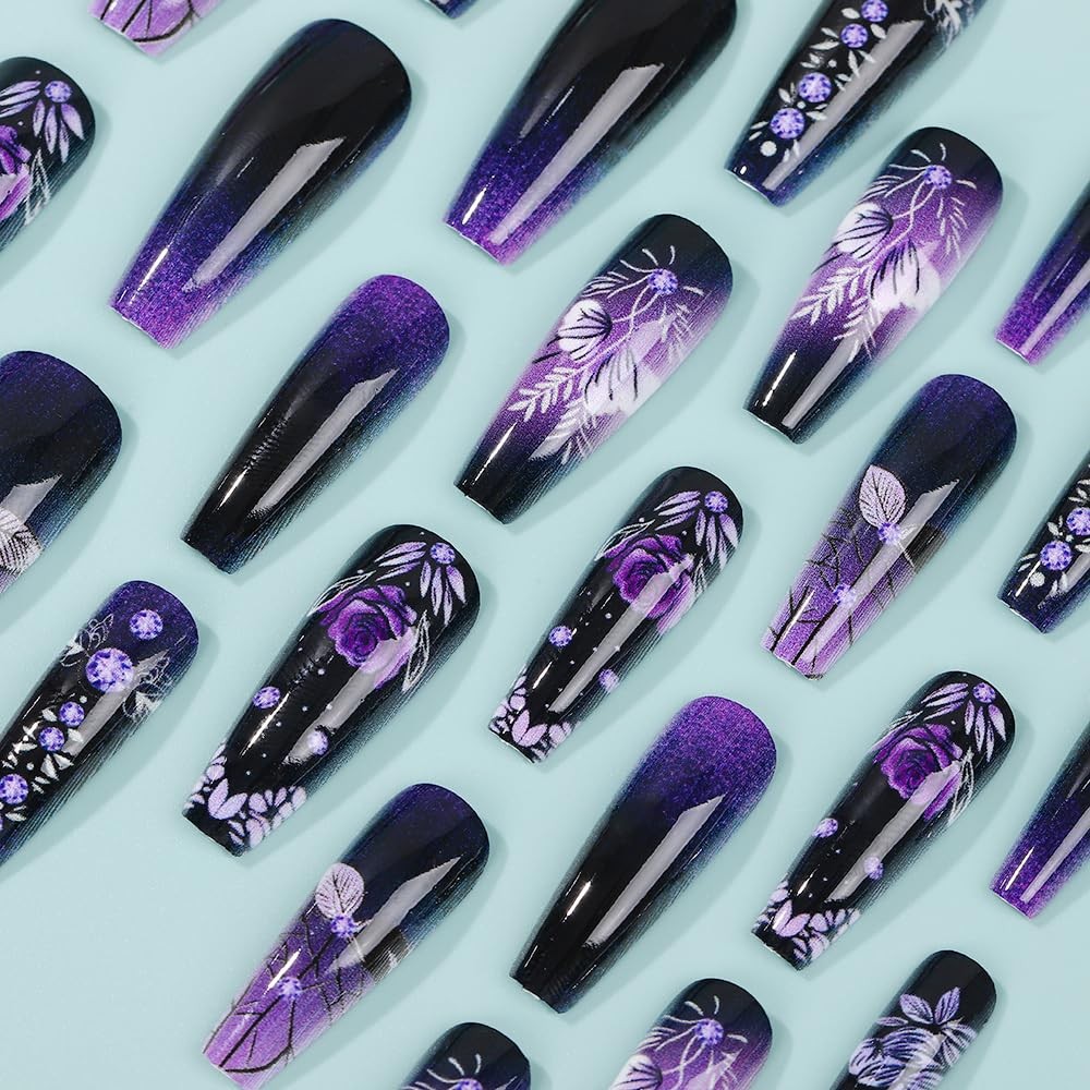 24 Pcs Press on Nails Long Square Nail Acrylic Gradient Purple Flower Design …