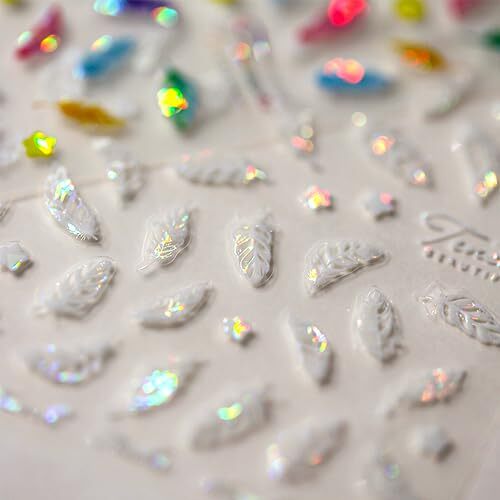 Nail Art Stickers 5D Embossed Nail Decals White Green Blue Pink Leather Feather