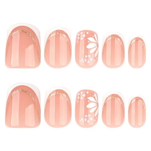 Square Press On Nails Short – Nude Pink French 60-White Flower with Gold Trim