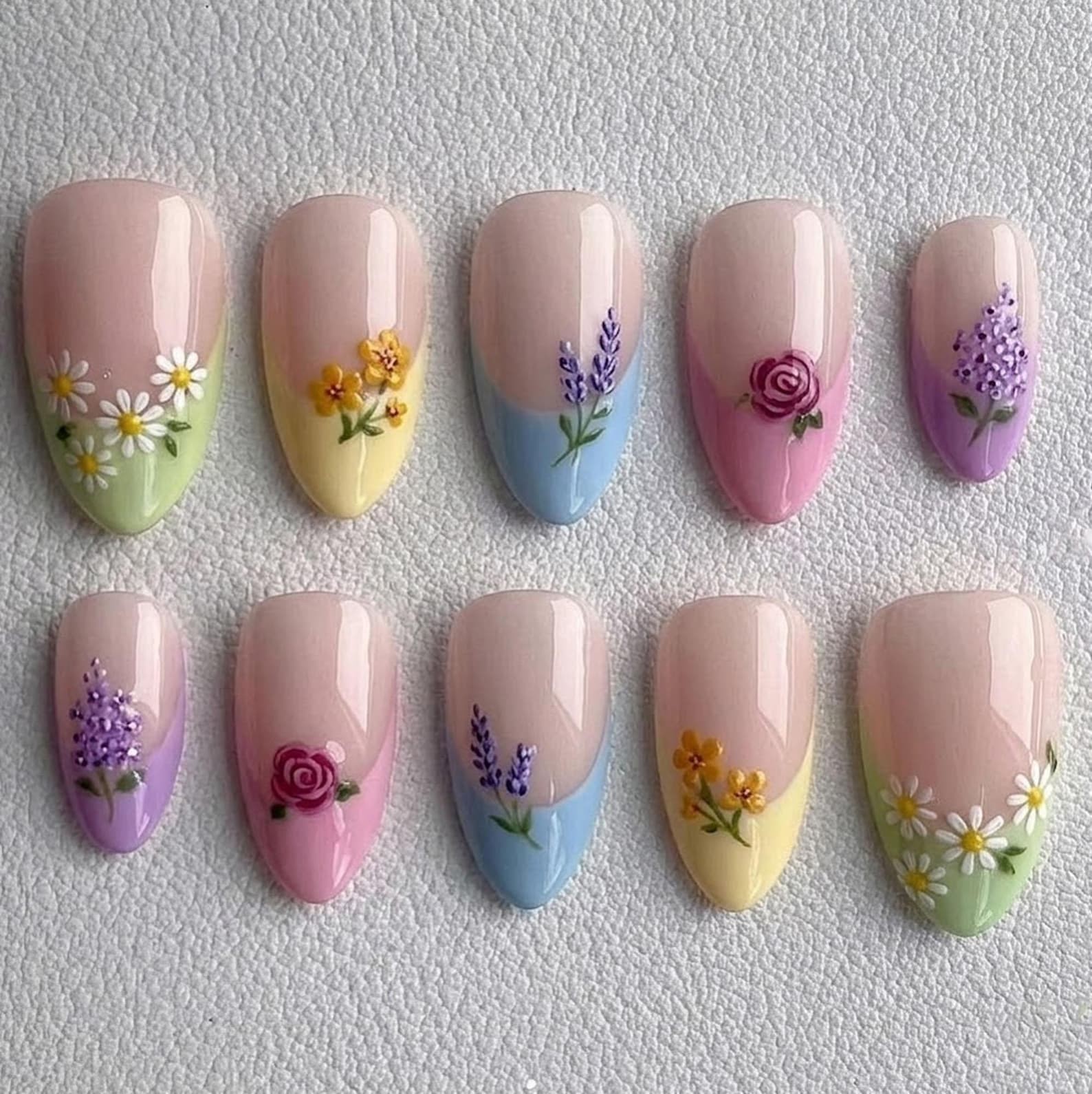 Handmade Pastel Gradient Daisy Lavender Rose Floral Medium Almond Press on Nails