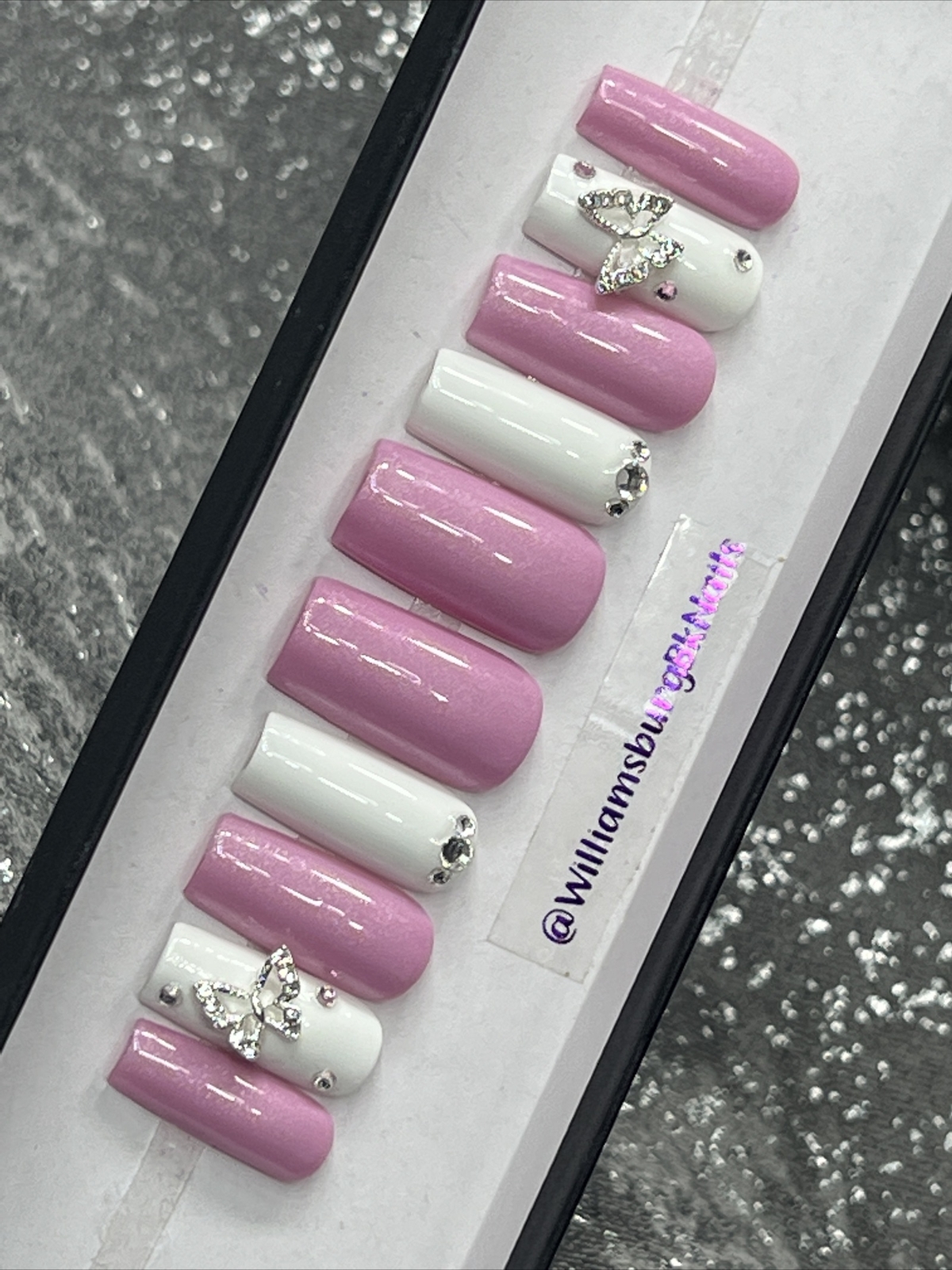 🔥 CUSTOM Gel Press On Nails, Lilac W BLING 10p set FULL SET W Kit BUTTERFLY