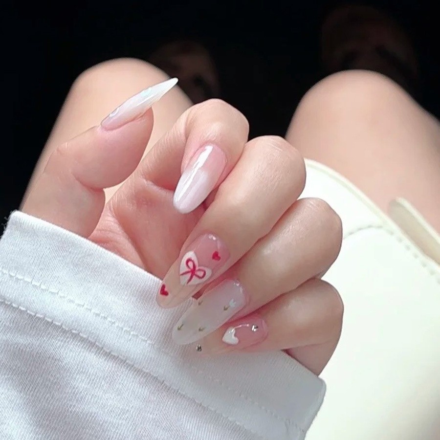 48 Pcs Bow Heart Press on Nails, Medium Almond Pink Gradient Cute Fake Nails