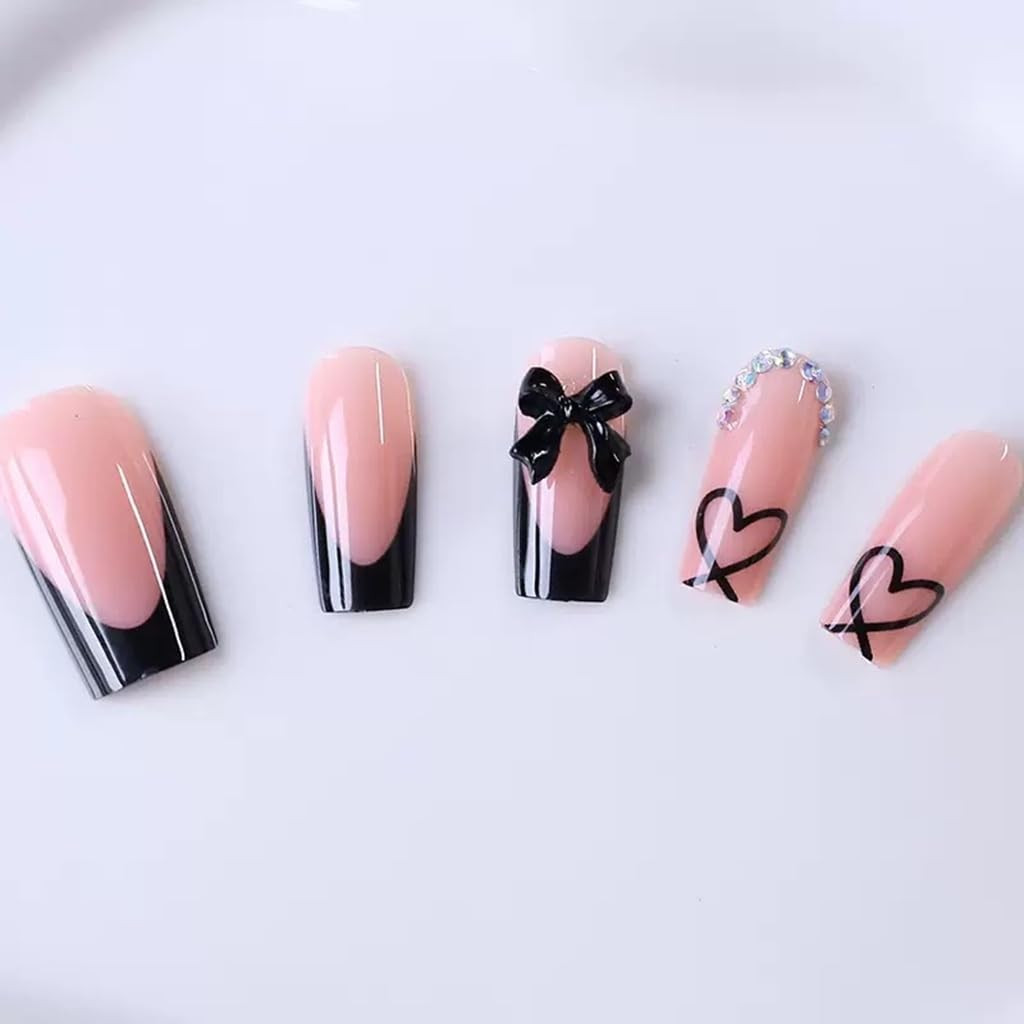 Medium Press on Nails Coffin – Black French Tip Fake Nails with Bow Charms Desig