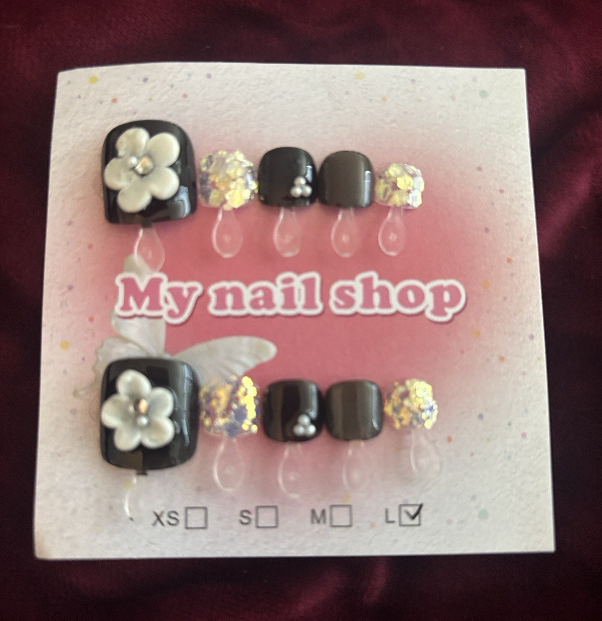My nail shop Press-On Nails Set Black/White 3D Flowers Long Square Full Cover