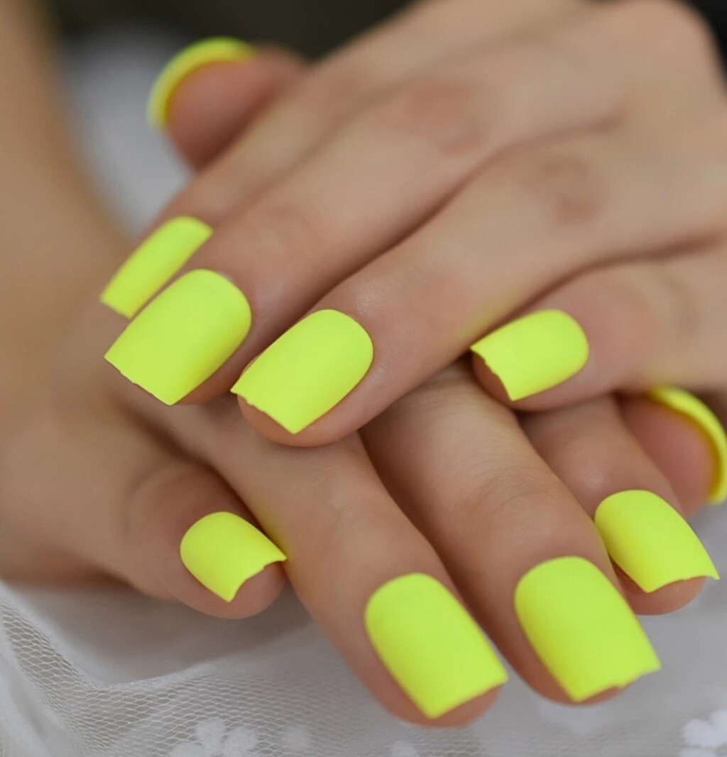 24 Short Matte Neon Green Press on nails set with glue yellow slime bright 80s