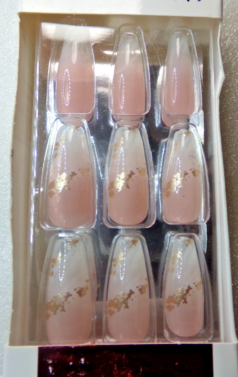 Nail Bliss NAILS GLUE ON Pink Marble Gold Karat Kissed LONG LENGTH, SCULPTED