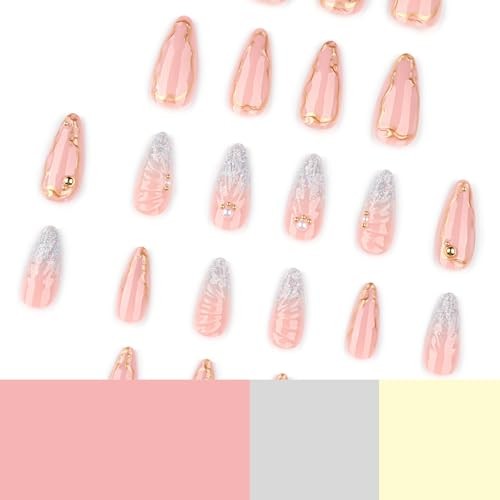 Almond Press on Nails Silver Glitter French Tip Fake Nails glitter french tip