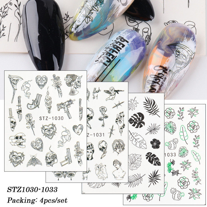 Nail Art Decals Water Transfer Stickers Black Flowers Abstract Image Skull NS11