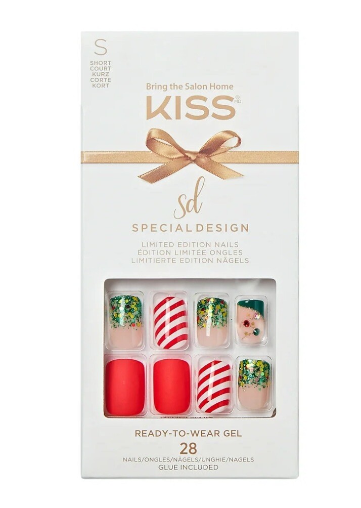 Kiss Nails Sd Glue-On Short Length Christmas Nails Matte Red Glitter Faux Gems