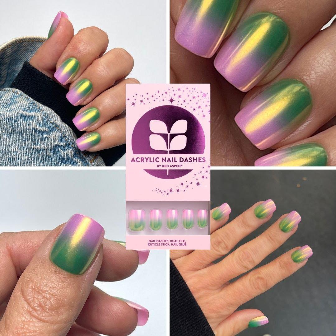 Red Aspen Press On Nails- Bubbly-ACRYLIC-Short Squoval Pink Green Ombre