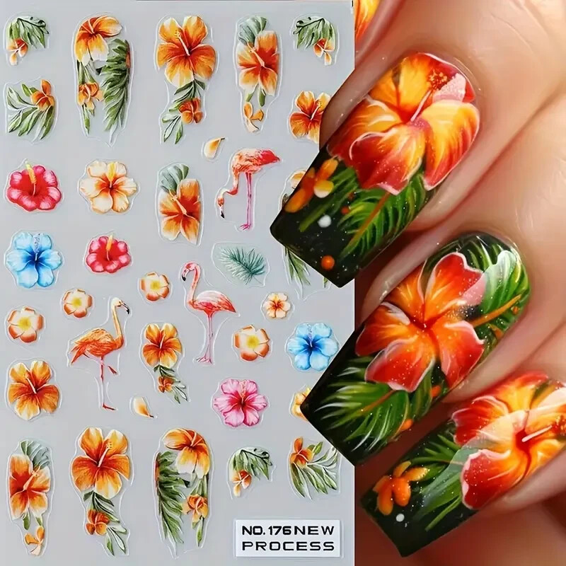 Nail Art Stickers Decals Tropical Flamingo Palm Tree Summer Holiday Beach Design
