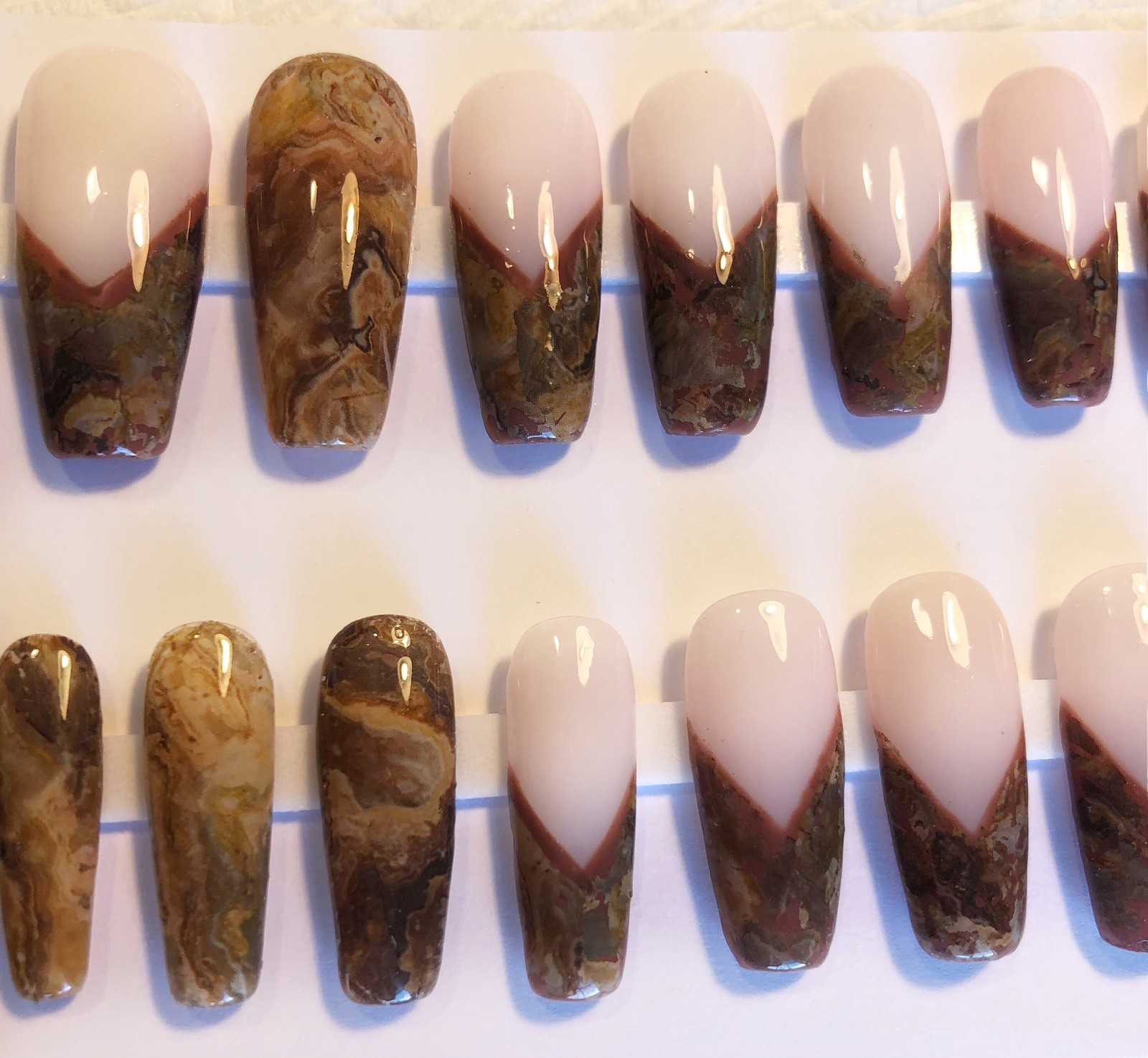 Custom Handmade Press On Nails Long Coffin Milky White Brown French Marble Nails