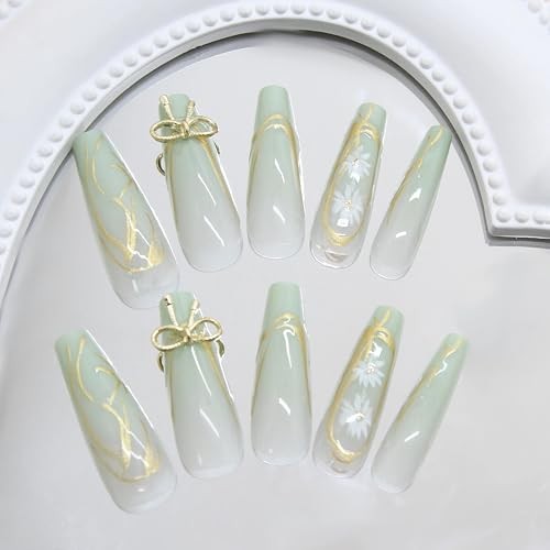 Press on Nails Long Square Fake Nails Green Glue on 3D Texture Gold BNB215