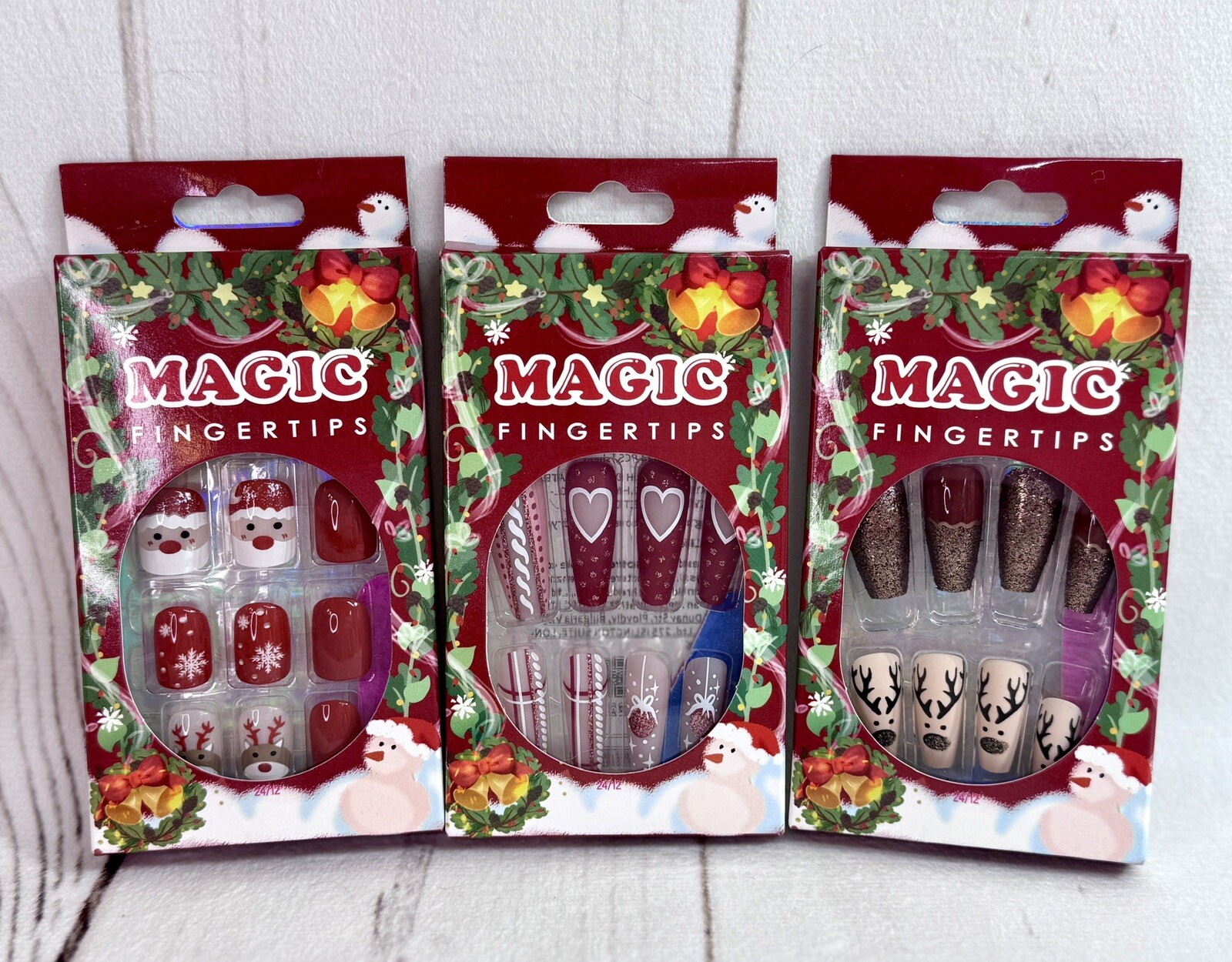 x3 Magic Fingertips Christmas Plaid Reindeer Santa Snowflake Sweater Nails Red