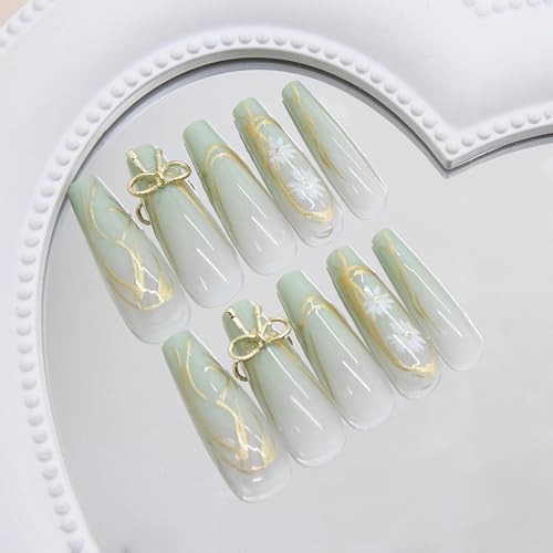 Press on Nails Long Square Fake Nails Green Glue on 3D Texture Gold BNB215