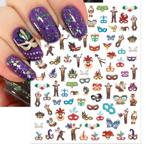 Mardi Gras Nail Art Stickers – 3D Masks, Beads, Fleur-de-Lis, 3D Masks