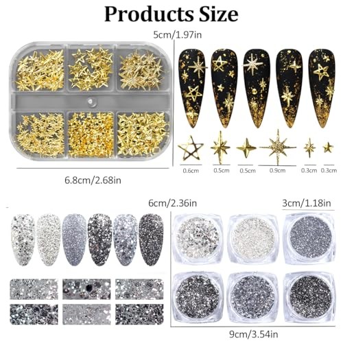 3D Metal Stars Nail Charms and Nail Art Glitter Flakes,Mixed Gold/Silver/White