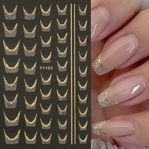 French Line Nail Art Stickers Golden Glitter French Tip Nail Decals Nail style4