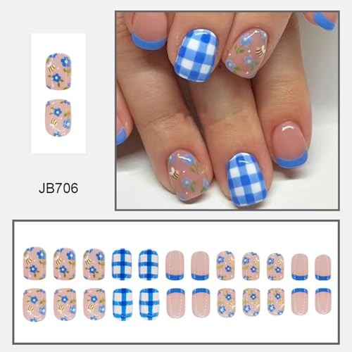 French Tip Press on Nails Cute Bee Flower False Nails Glossy Blue White Check