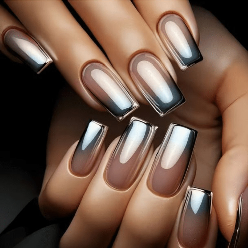 48Pcs Coffin Press on Nails, Nude Gray Gradient Nails with Metallic Edge Design