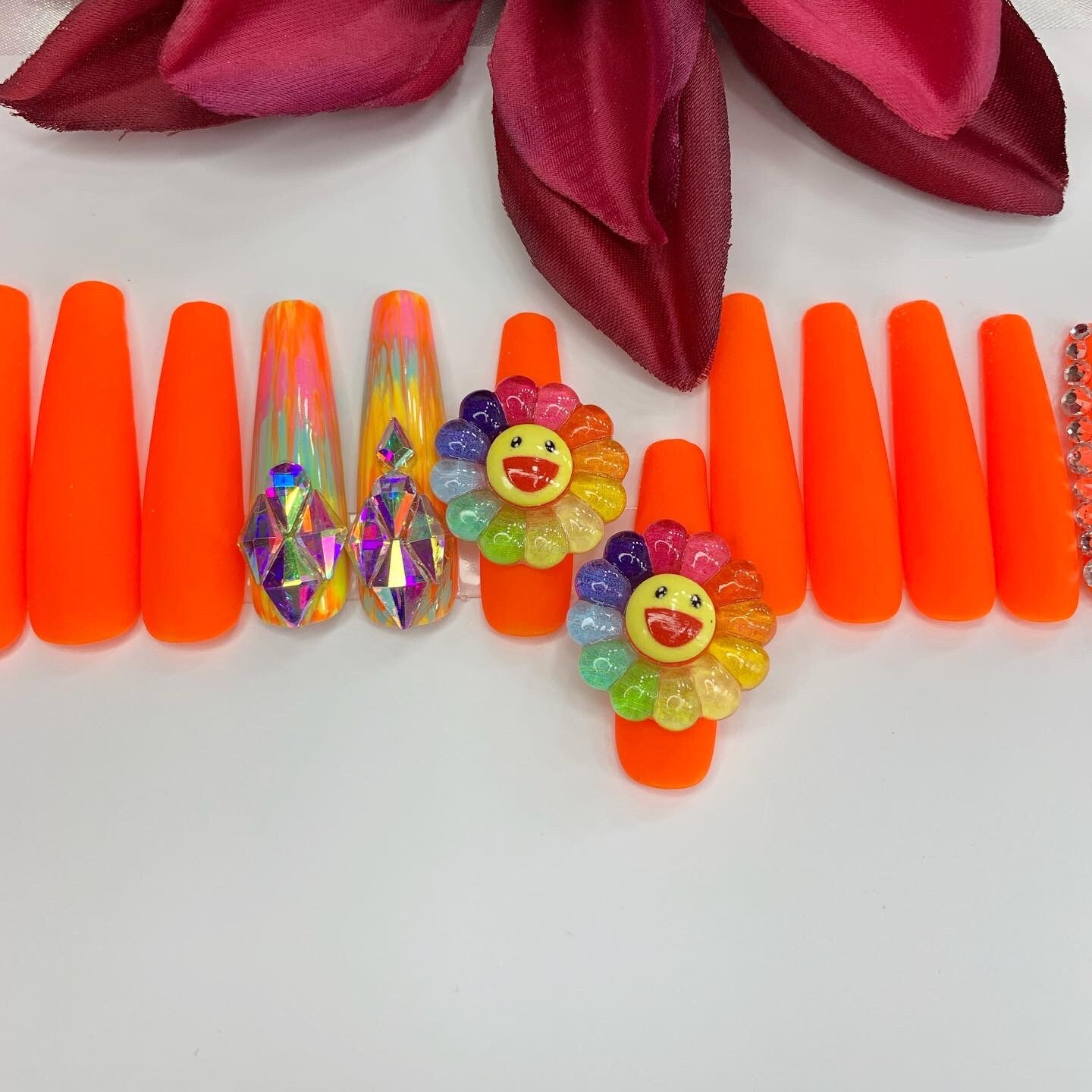 press on nails handmade| Happy Smiley| xL Coffin Set Matte Orange