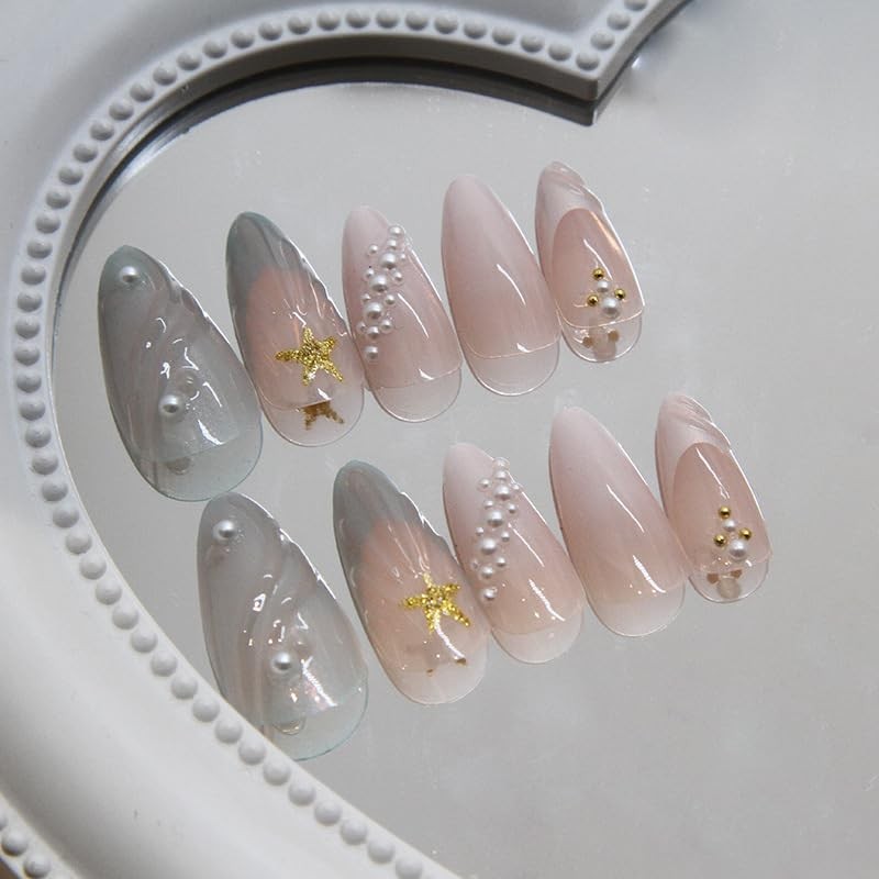 24Pcs Ocean Shell Press on Nails Medium Almond Fake Nails with 3D Star Pearl …