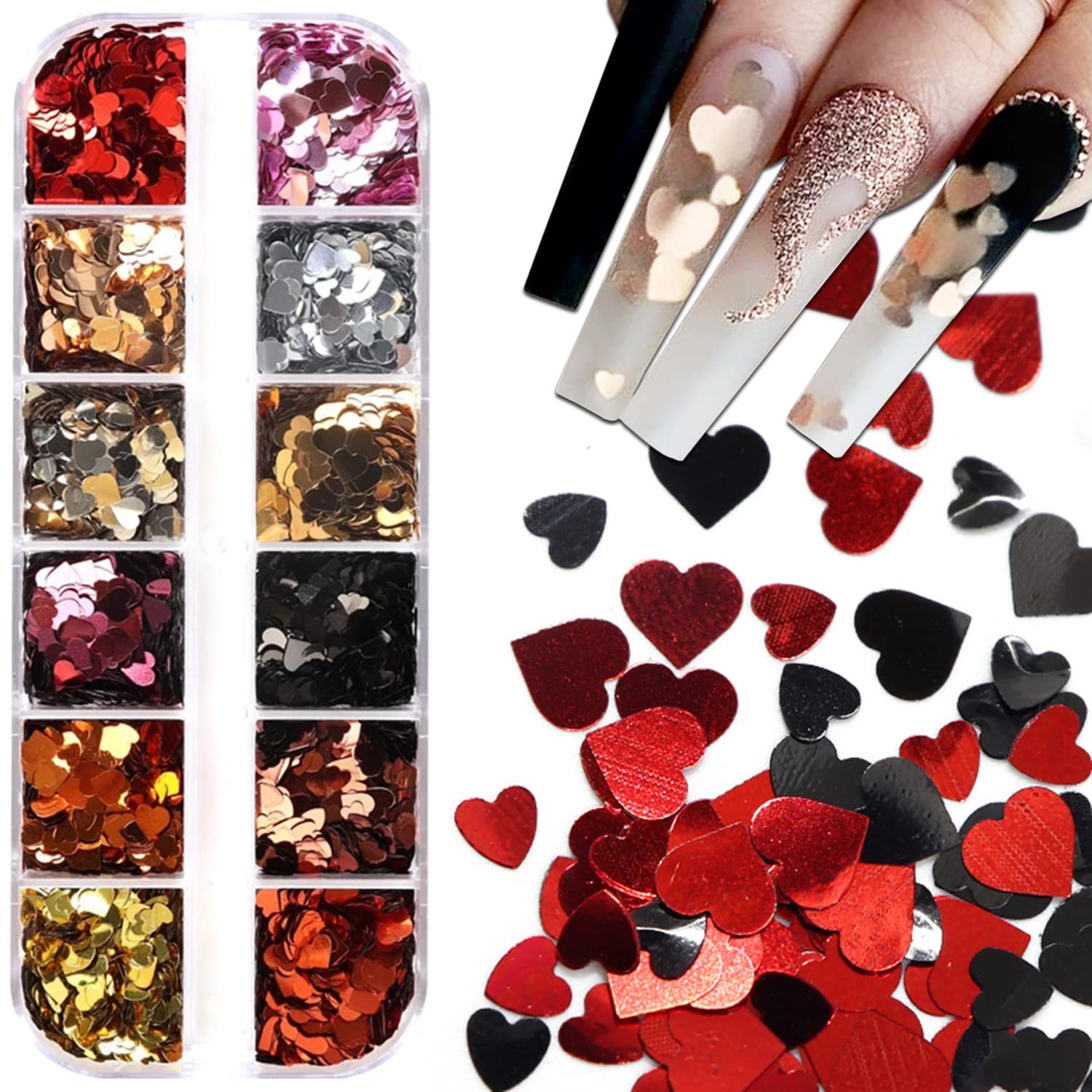 12 Grids 3D Heart Nail Art Stickers – Holographic Laser Nail Glitter Sequins …