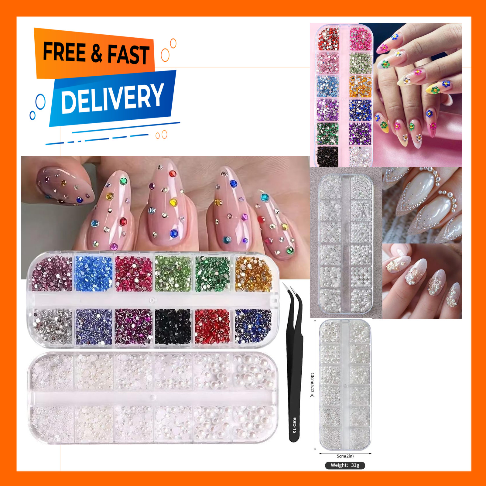 24Grid Colorful Nail Art Rhinestones Pearls Set 3D Flatback Crystals for Acrylic