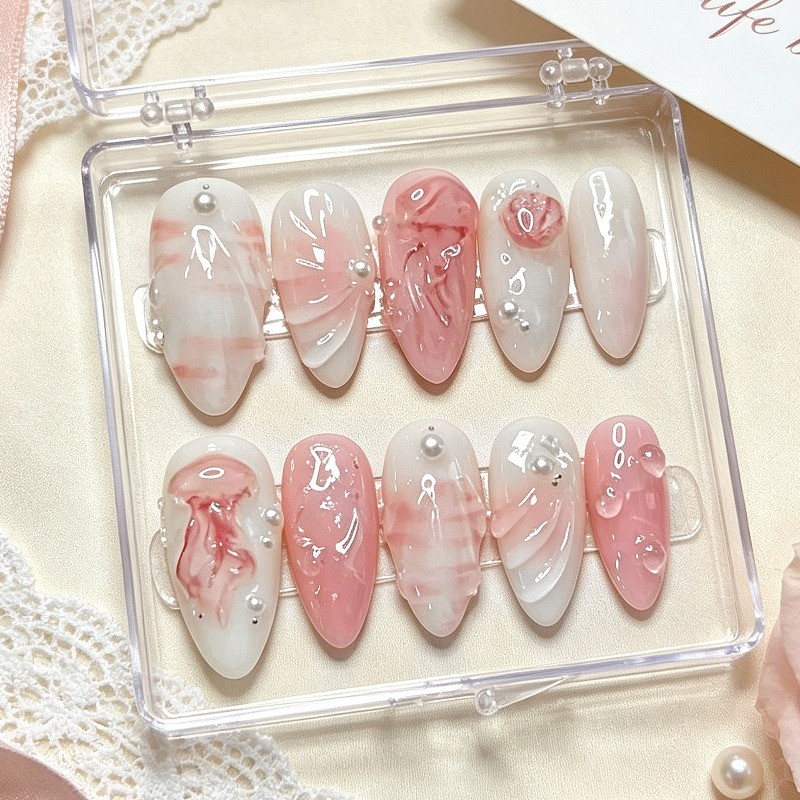 30pcs-Press on Nails Nude Pink Jellyfish Print Pearl Water Drop Almond Nail Set