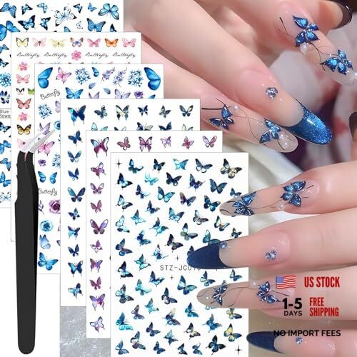 Butterfly Nail Art Stickers, Blue Purple Pink, 6 Sheets with Nail Tweezers,