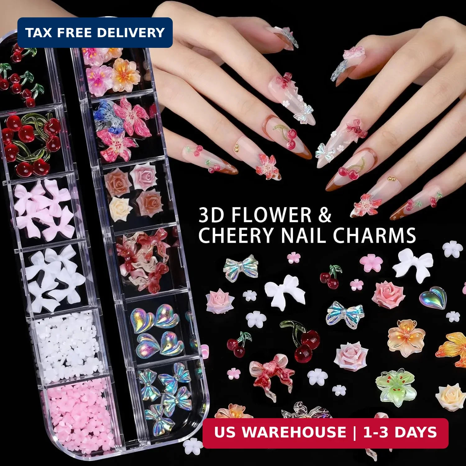 Teenitor 4 Boxes Nail Charms and Gems Set, Nail Rhinestones Nail Kit with Nail A
