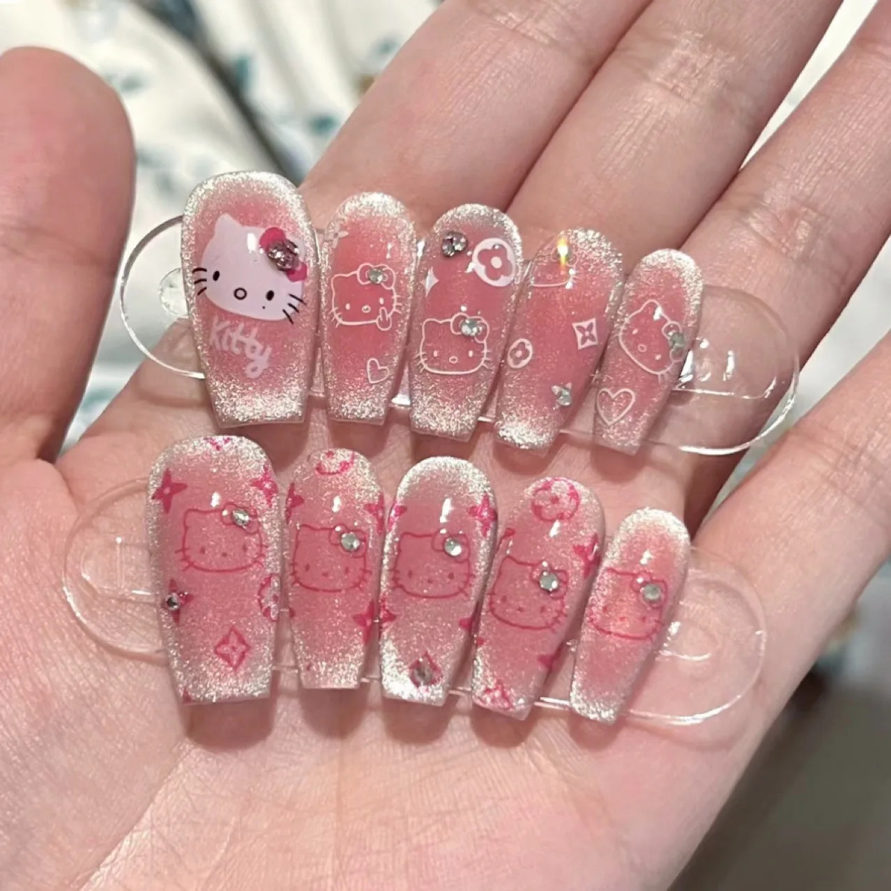 Handmade Kitty Cat Eye Press on Nails Cute Glitter Flash Fake Nail Sticker Set