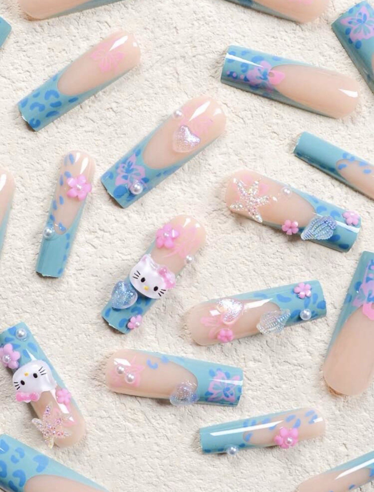 Sanrio 24pcs Hello Kitty Long Coffin Press-on Nails , Blue Leopard, French Style