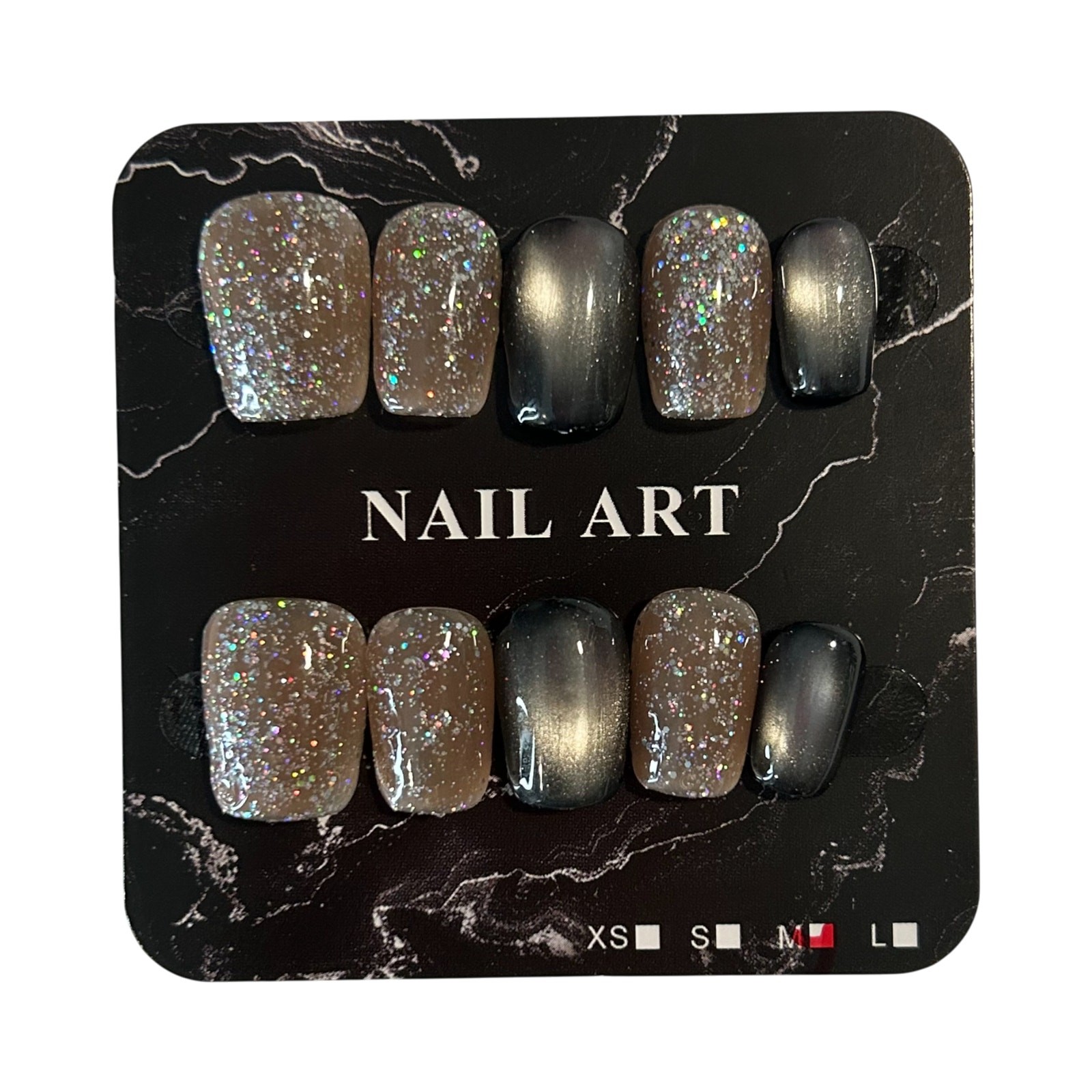 Champagne Glitter and Black Cat Eye Short Square Press On Nails – Size Medium