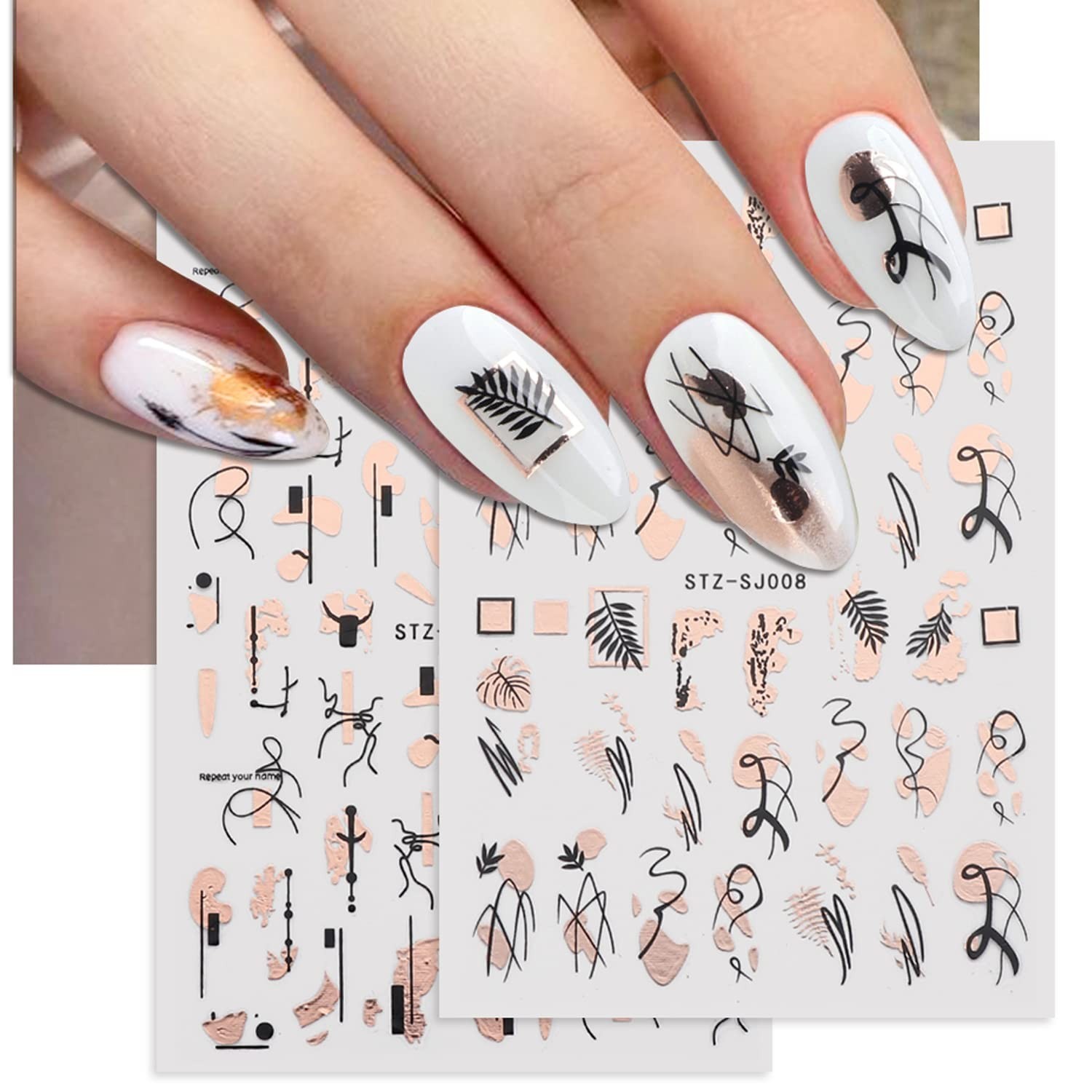 9 Sheets Gold Nail Art Stickers,Rose Gold Abstract Line 3D Self-Adhesive Nail…