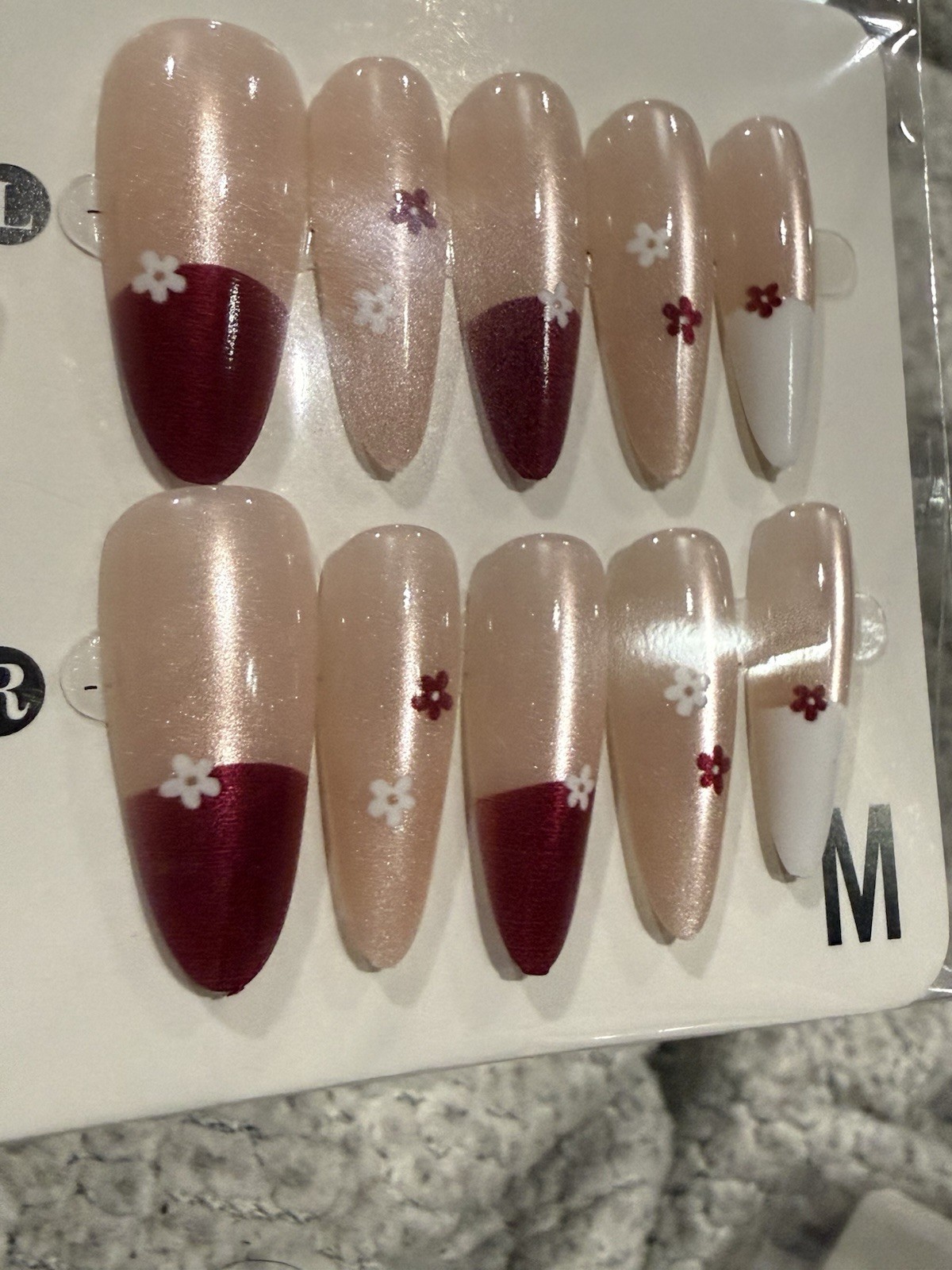 Medium Almond Press-On Floral Nails with Burgundy French Tips, Cat-Eye