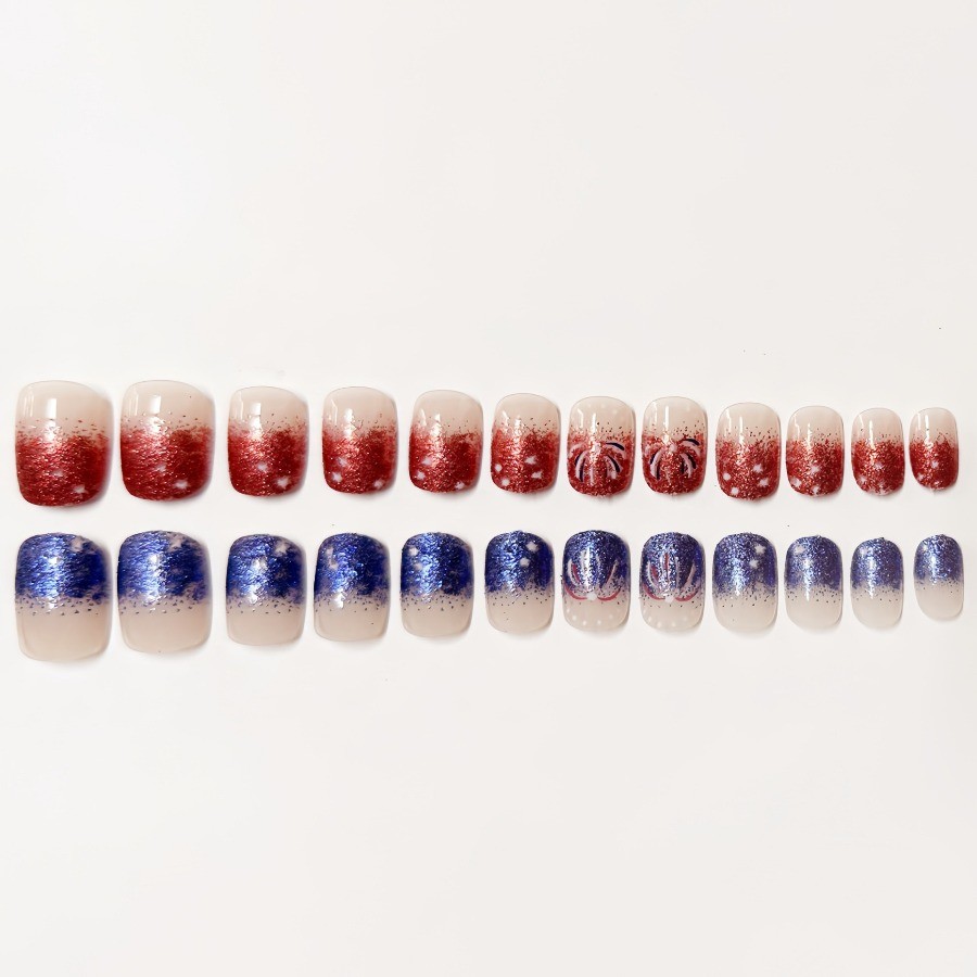 48pcs-4th of July Press on Nails with Glitter, Stars and Fireworks, Short Square