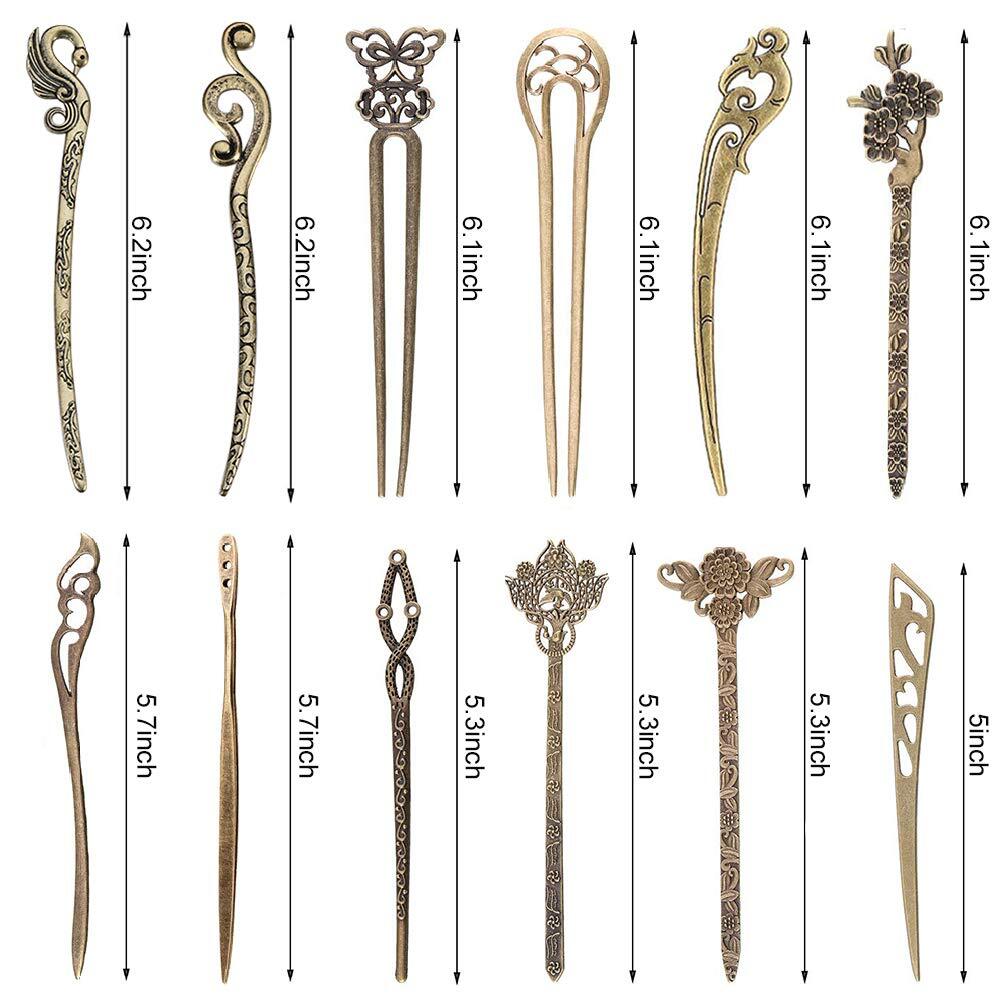 12 Pieces Chinese Women Hair Sticks, AUHOKY 12 Styles Vintage 12Pcs,Bronze