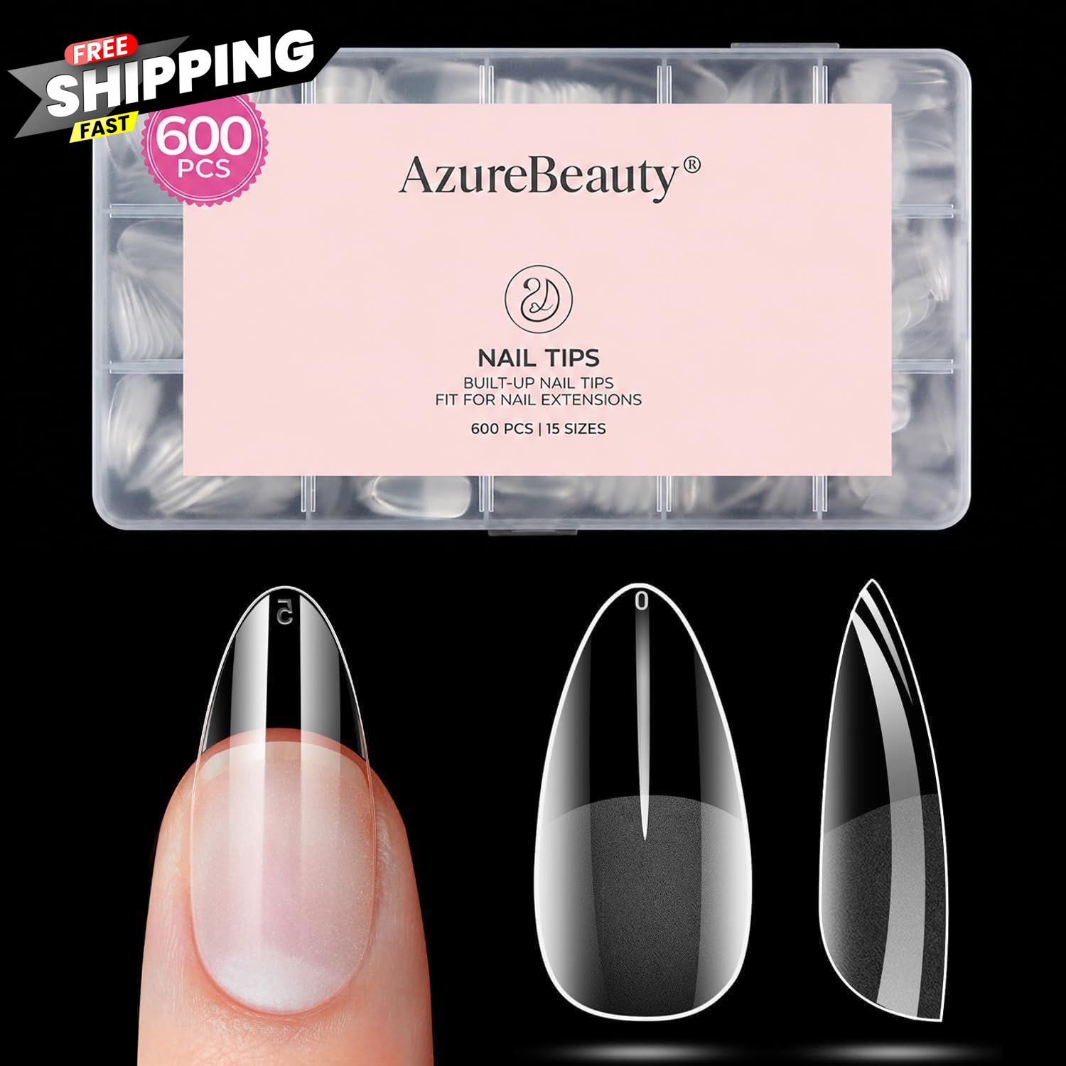 Medium Almond Nail Tips 600pcs 15 Size, 600 Piece Assortment,