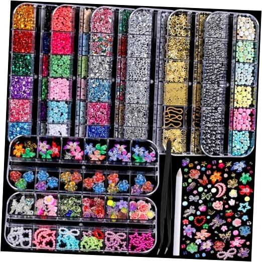 Nail Charms, 8-Box Nail Pink flower petal/clear bubble bead/orange 3D flower
