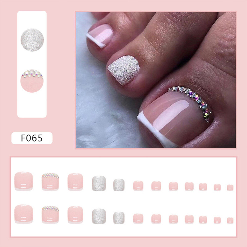 24X French False Toes Nails Gel Art Super Dazzling Glossy Square Fake Toenails