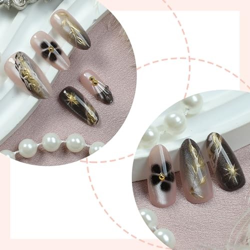 30Pcs Fall Press on Nails Medium Almond Black French Tip Fake Flower Nails-12