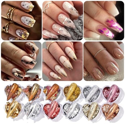 Unique Gold Flakes for Nails 12 Boxes Irregular Aluminum 12 Colors Gold Flakes