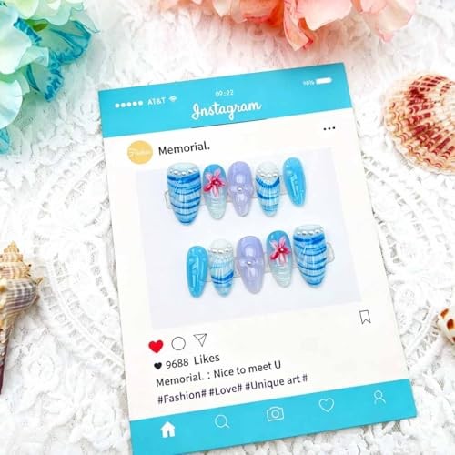 30Pcs Blue Summer Press on Nails Short Almond Fake Nails ocean fake nails-2
