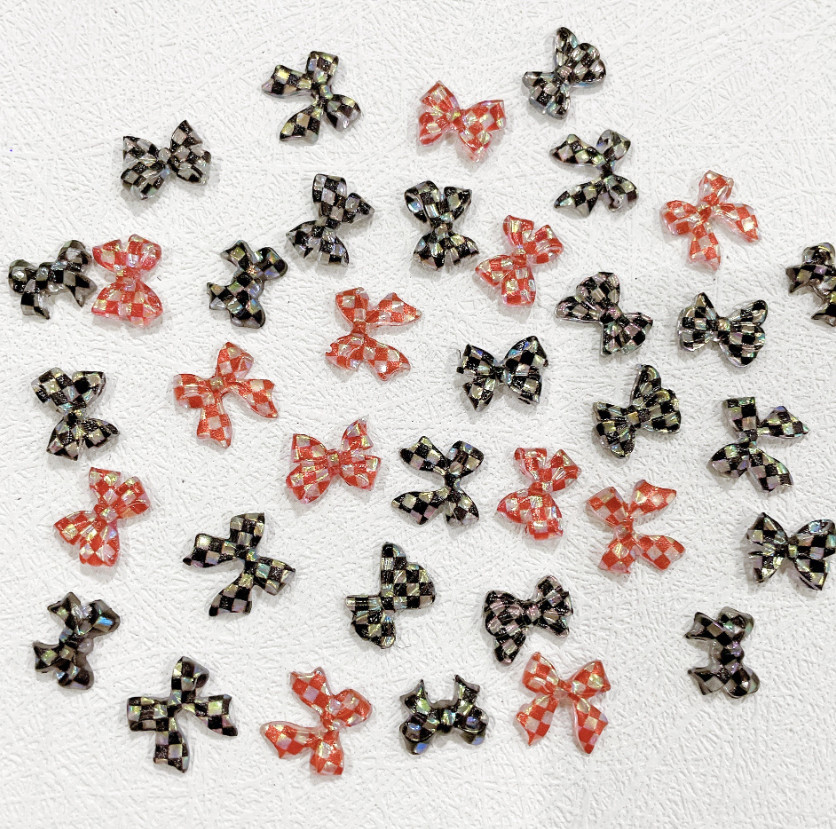 10PCS Retro Butterfly Checkered Bow Nail Art Charms Acrylic Ribbon Bowknot Decor