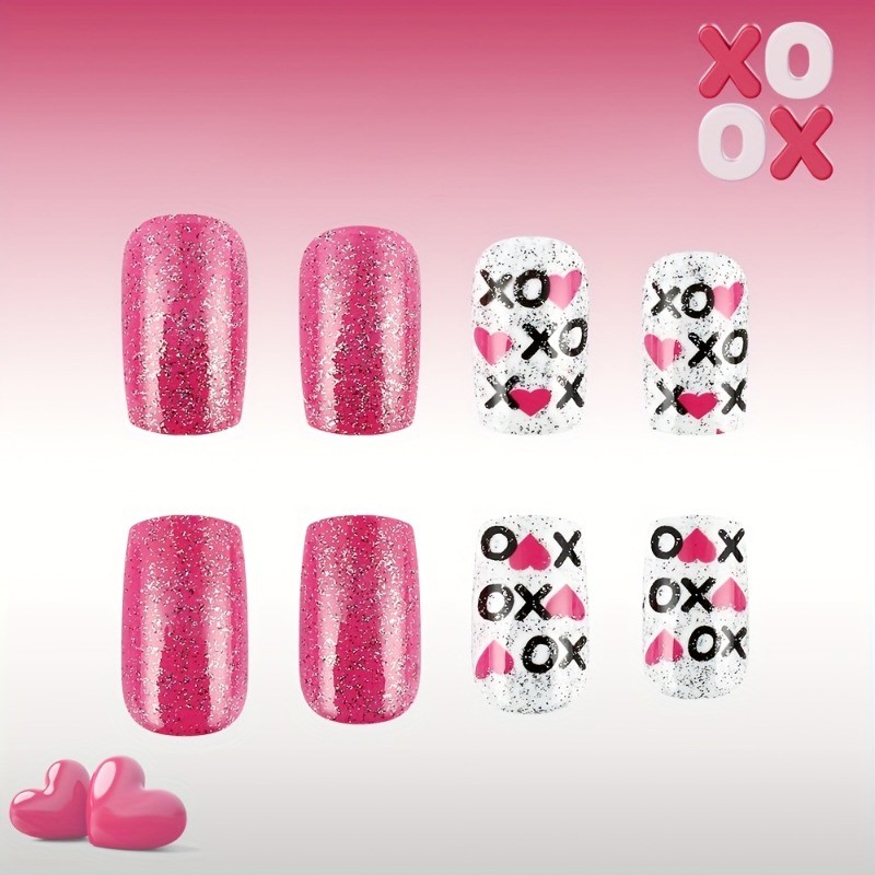 48 Pieces of Short, Sparkling, Wearable Nail Art, Shiny Pink Fake Nail Art