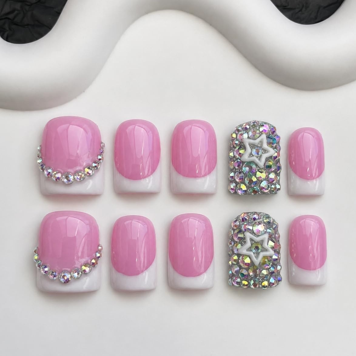 Medium Square Press On Nails Pink White French Glitter Rhinestone Fake Nails
