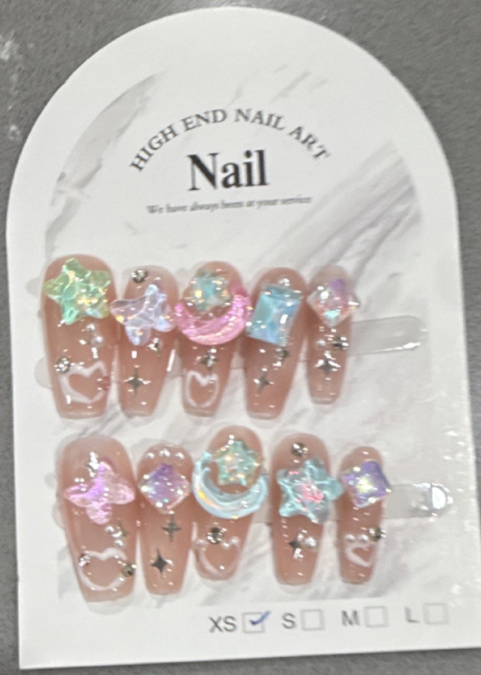 Nude Pink Blue Glitter 3D Star Heart Moon Square Press-On Nails Short Set